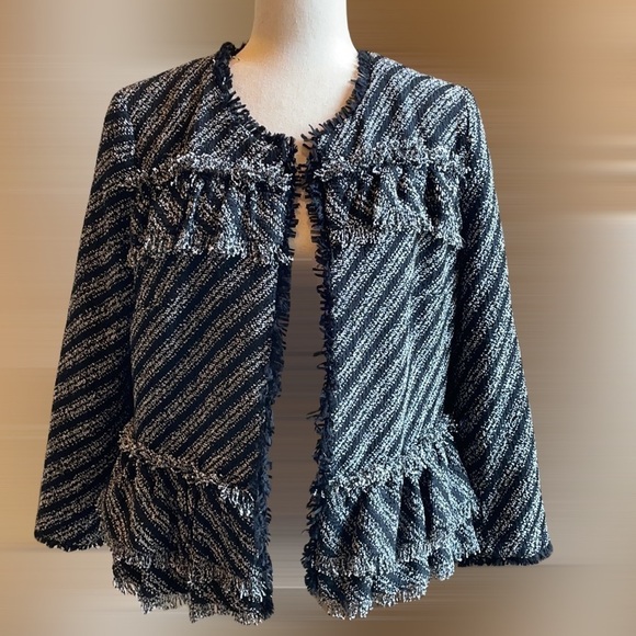 Ann Taylor Tweed Boucle Fringe Layered Peplum Jacket Black/White - Picture 2 of 10